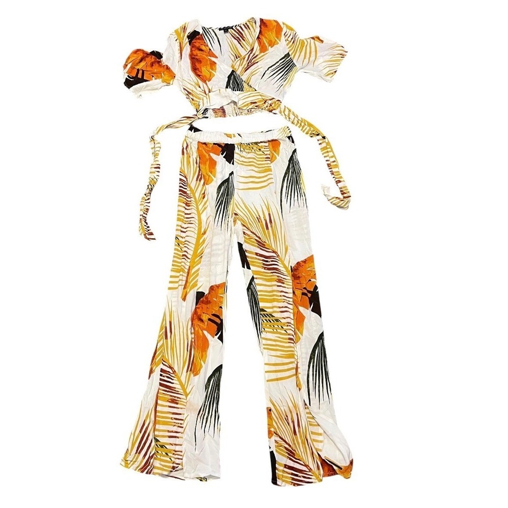Thread Story Tropical Palm Print 2 Piece Set Wrap Crop Top Wide Leg Pants Medium